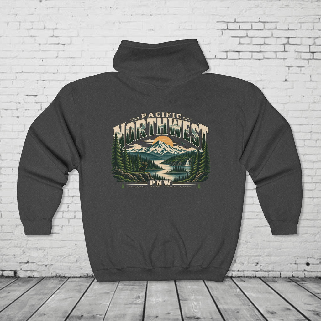 Pacific Northwest Wilderness Full-Zip Hoodie – PNW Mountain Elk Forest Back Graphic