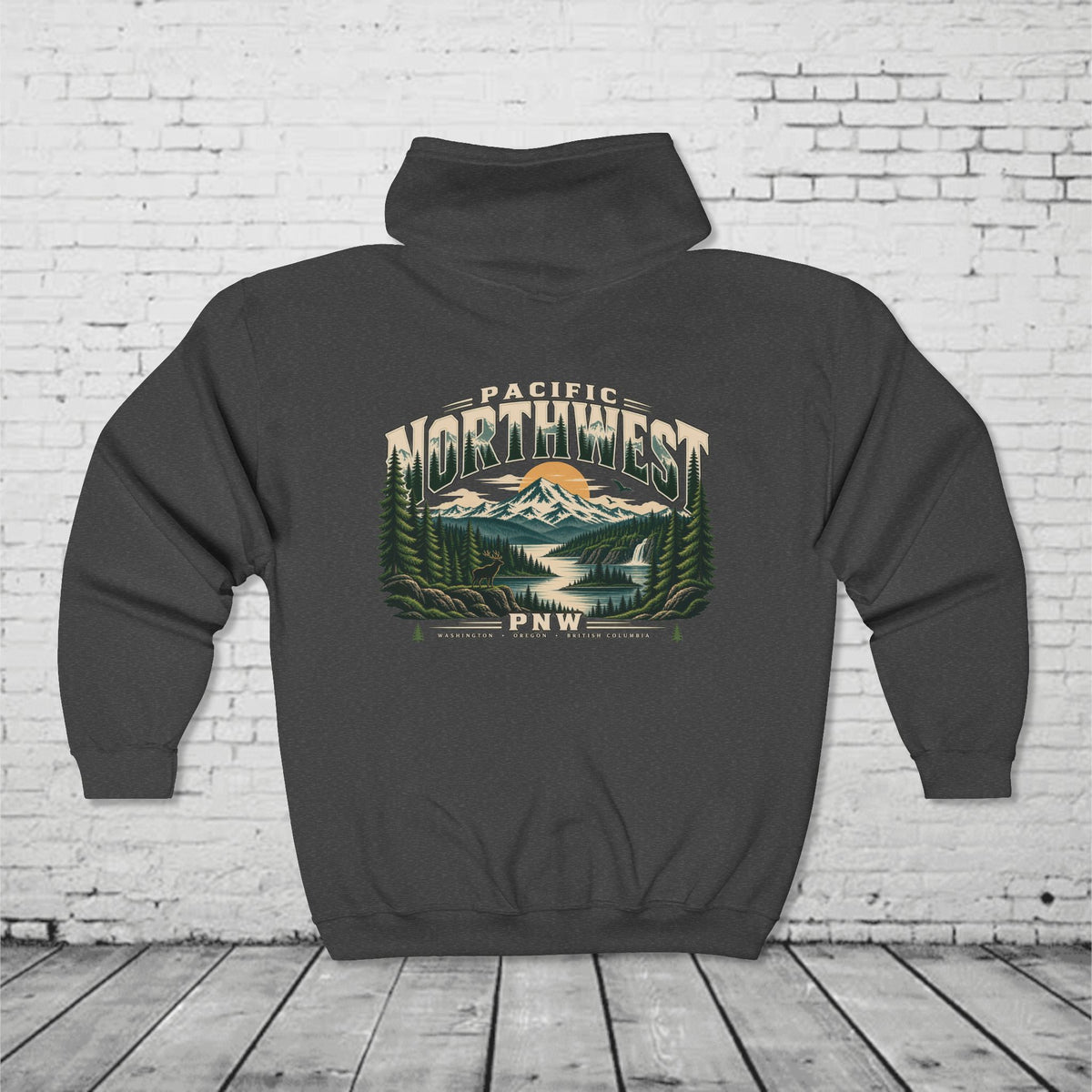 Pacific Northwest Wilderness Full-Zip Hoodie – PNW Mountain Elk Forest Back Graphic
