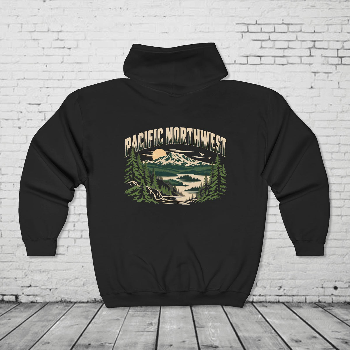 Pacific Northwest Mountain Lake Full-Zip Hoodie – PNW Evergreen Outdoor Back Graphic