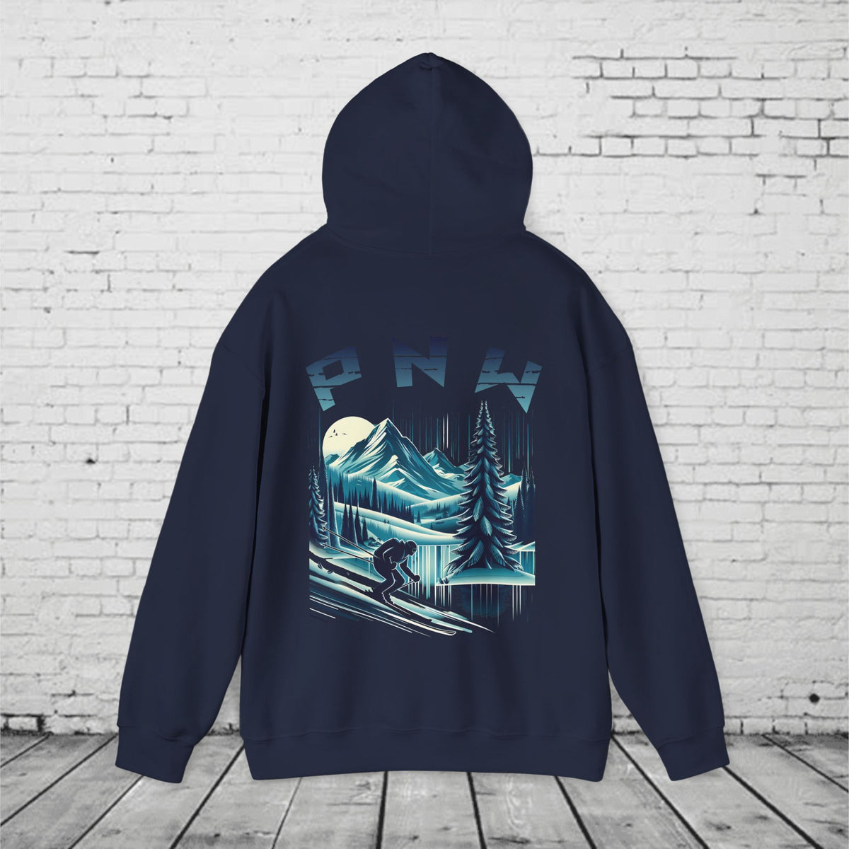 PNW Ski Hoodie – Retro Pacific Northwest Mountain Skiing Hoodie | Unisex Heavy Blend Winter Sweatshirt