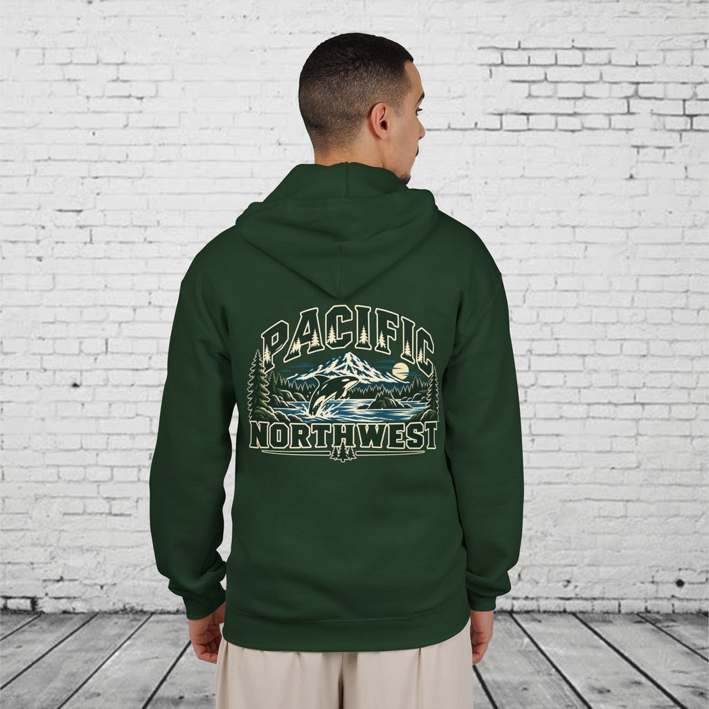 Wild Pacific Orca Full-Zip Hoodie – Pacific Northwest Mountain & Ocean Back Graphic