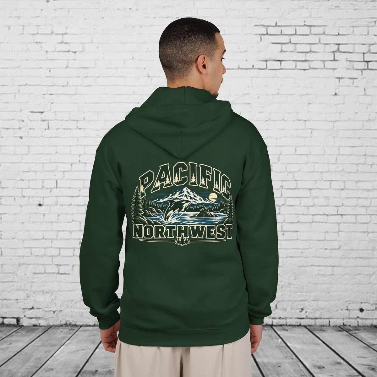 Wild Pacific Orca Full-Zip Hoodie – Pacific Northwest Mountain & Ocean Back Graphic