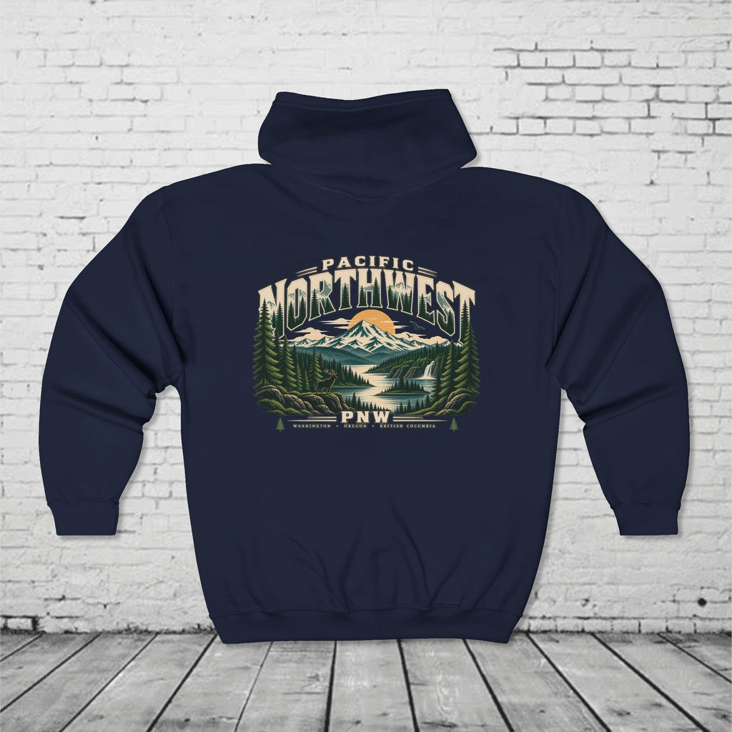 Pacific Northwest Wilderness Full-Zip Hoodie – PNW Mountain Elk Forest Back Graphic