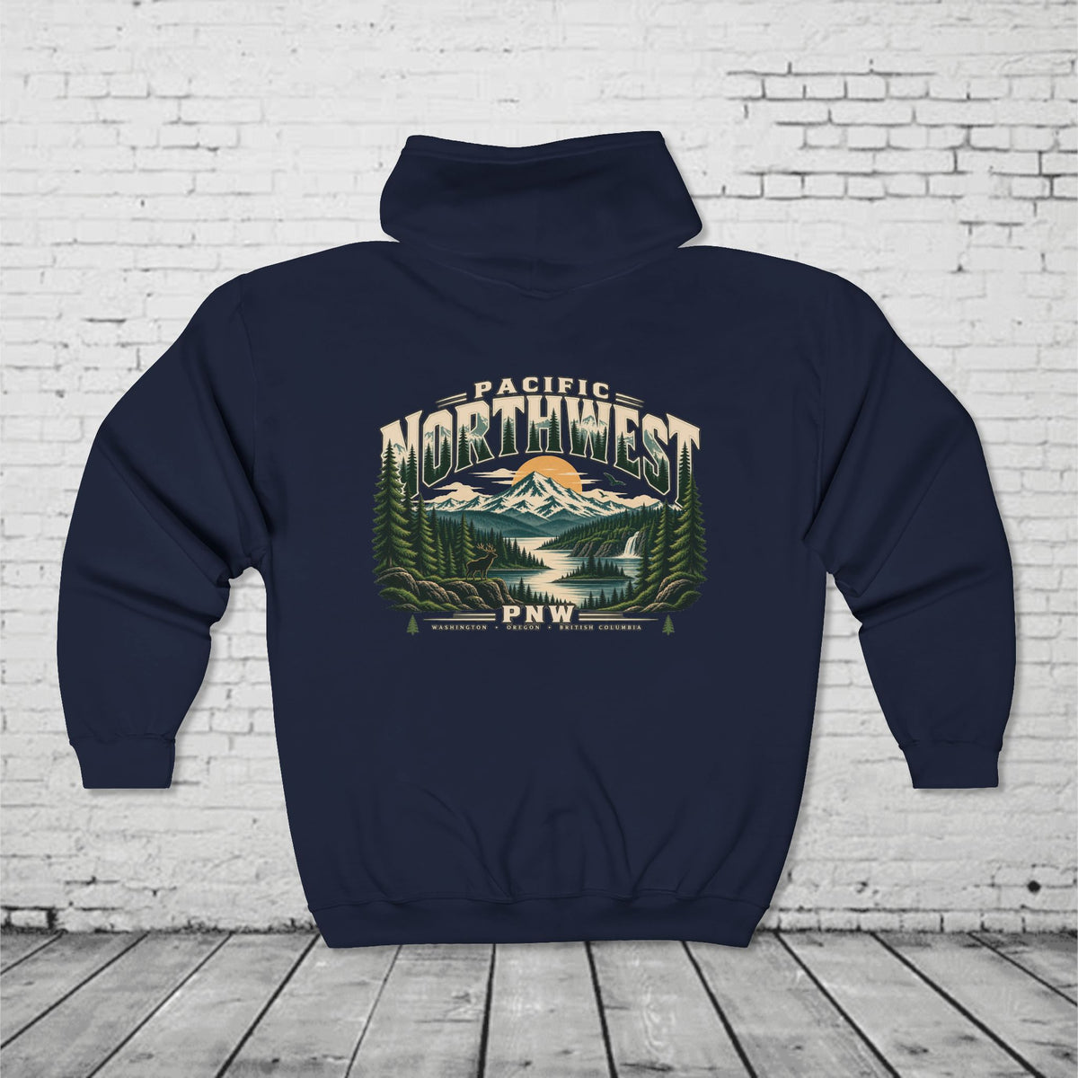 Pacific Northwest Wilderness Full-Zip Hoodie – PNW Mountain Elk Forest Back Graphic