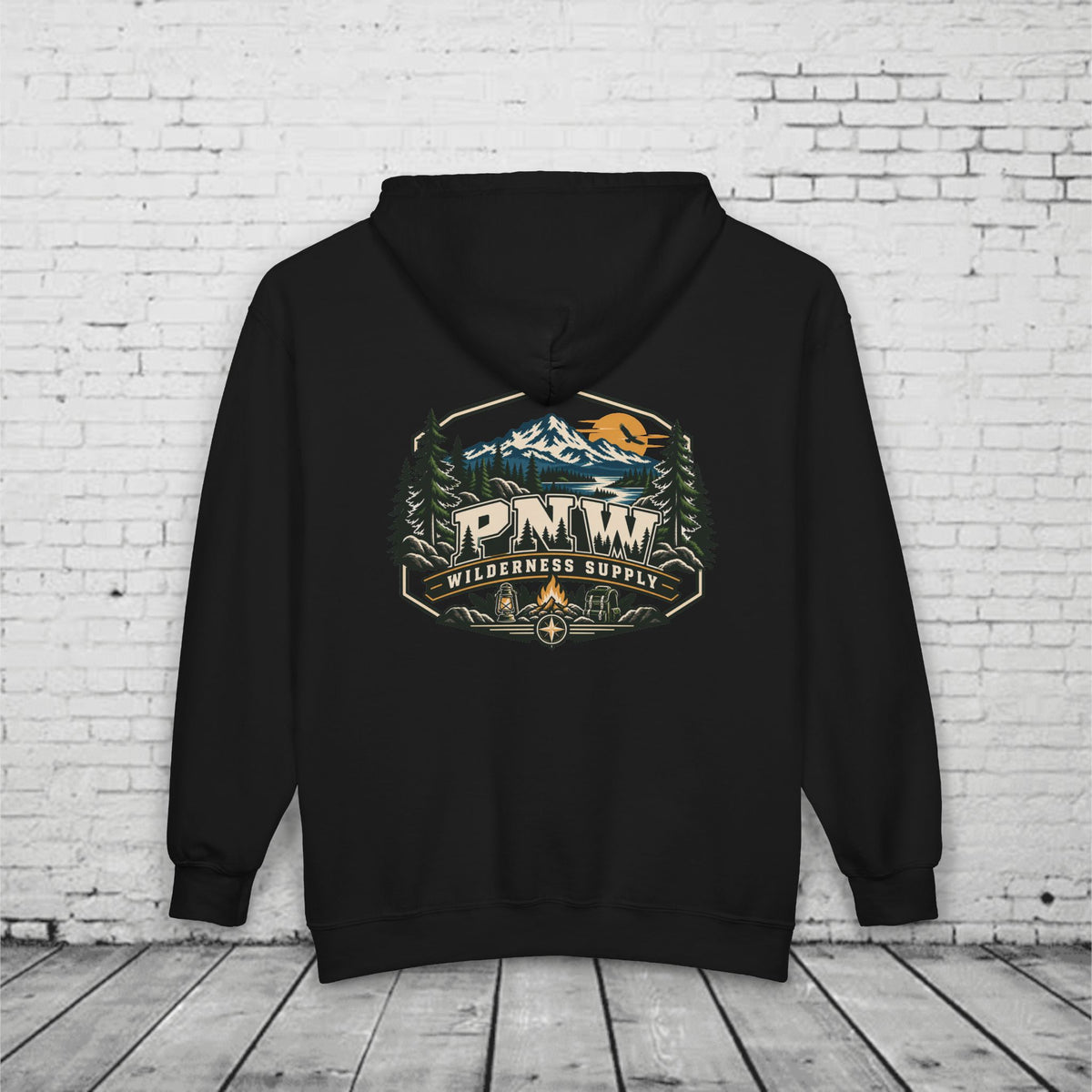 PNW Wilderness Supply Full-Zip Hoodie – Pacific Northwest Outdoor Adventure Back Graphic