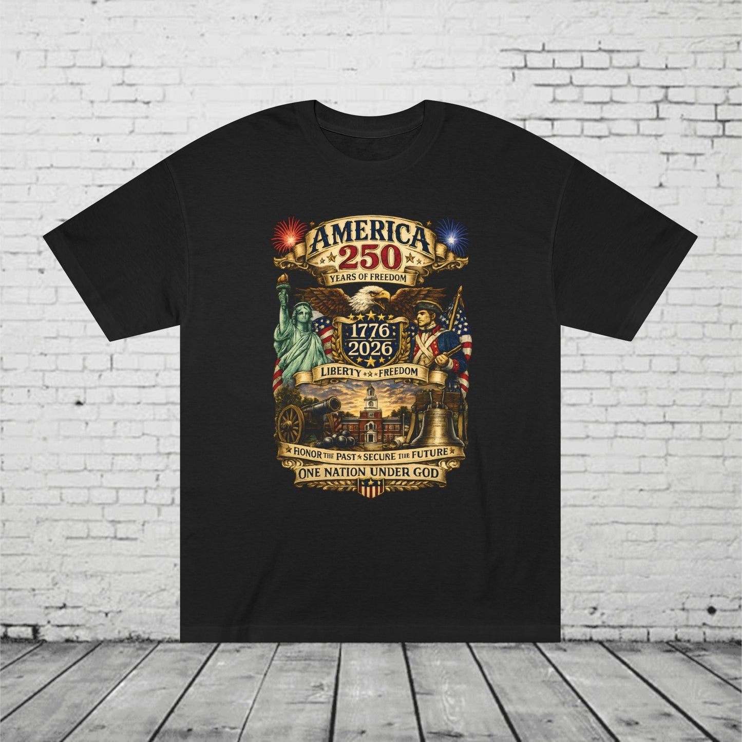America 250 Patriotic T-Shirt | 1776–2026 Eagle, Revolutionary Soldier & Statue of Liberty Tee | One Nation Under God Semiquincentennial Unisex Shirt