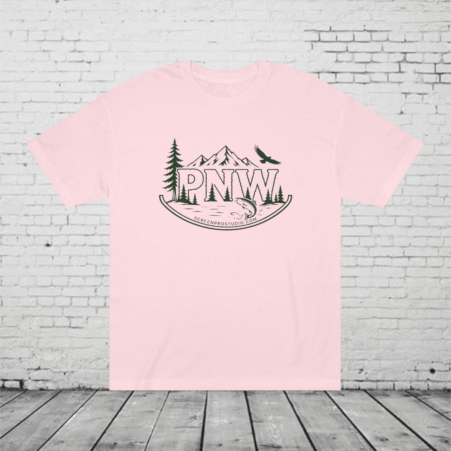 PNW Forest Badge T-Shirt | Pacific Northwest Mountain, Pine Tree & Salmon Graphic Tee