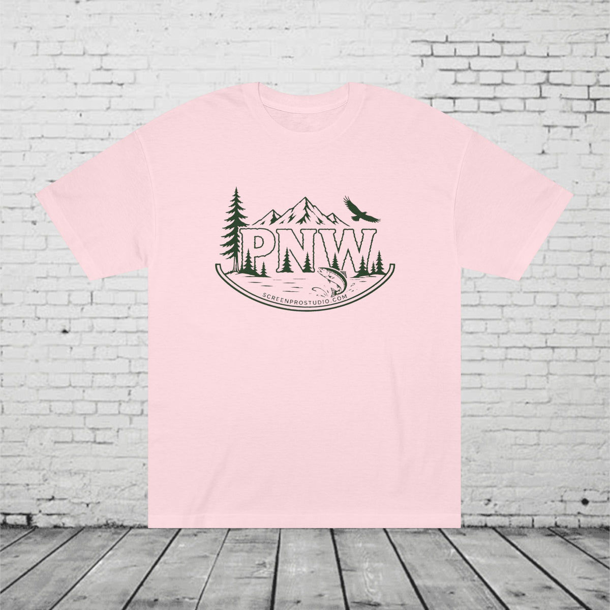 PNW Forest Badge T-Shirt | Pacific Northwest Mountain, Pine Tree & Salmon Graphic Tee