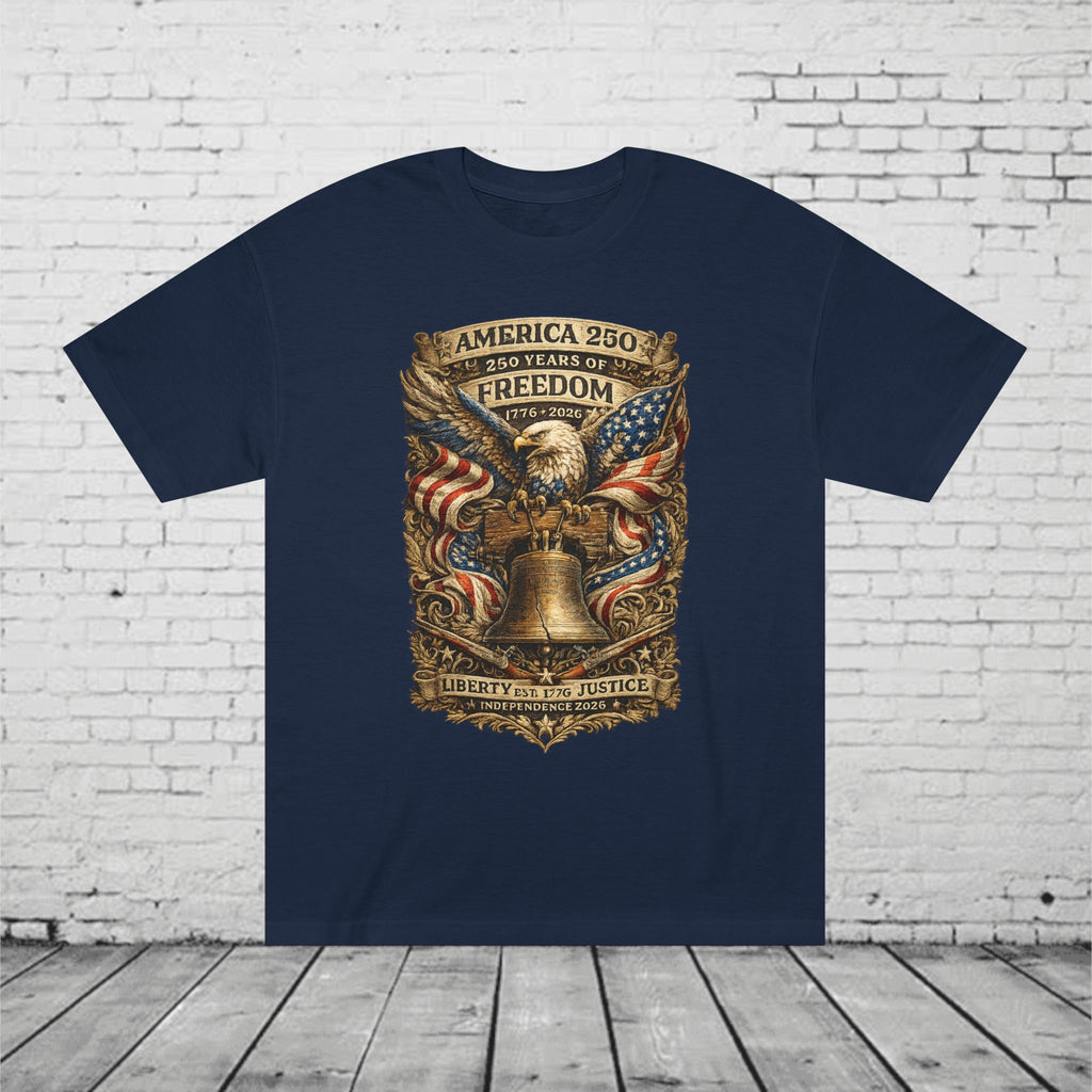America 250 Liberty & Justice Patriotic T-Shirt | 250 Years of Freedom Eagle & Liberty Bell Graphic Tee | Independence Day 2026 Unisex Shirt