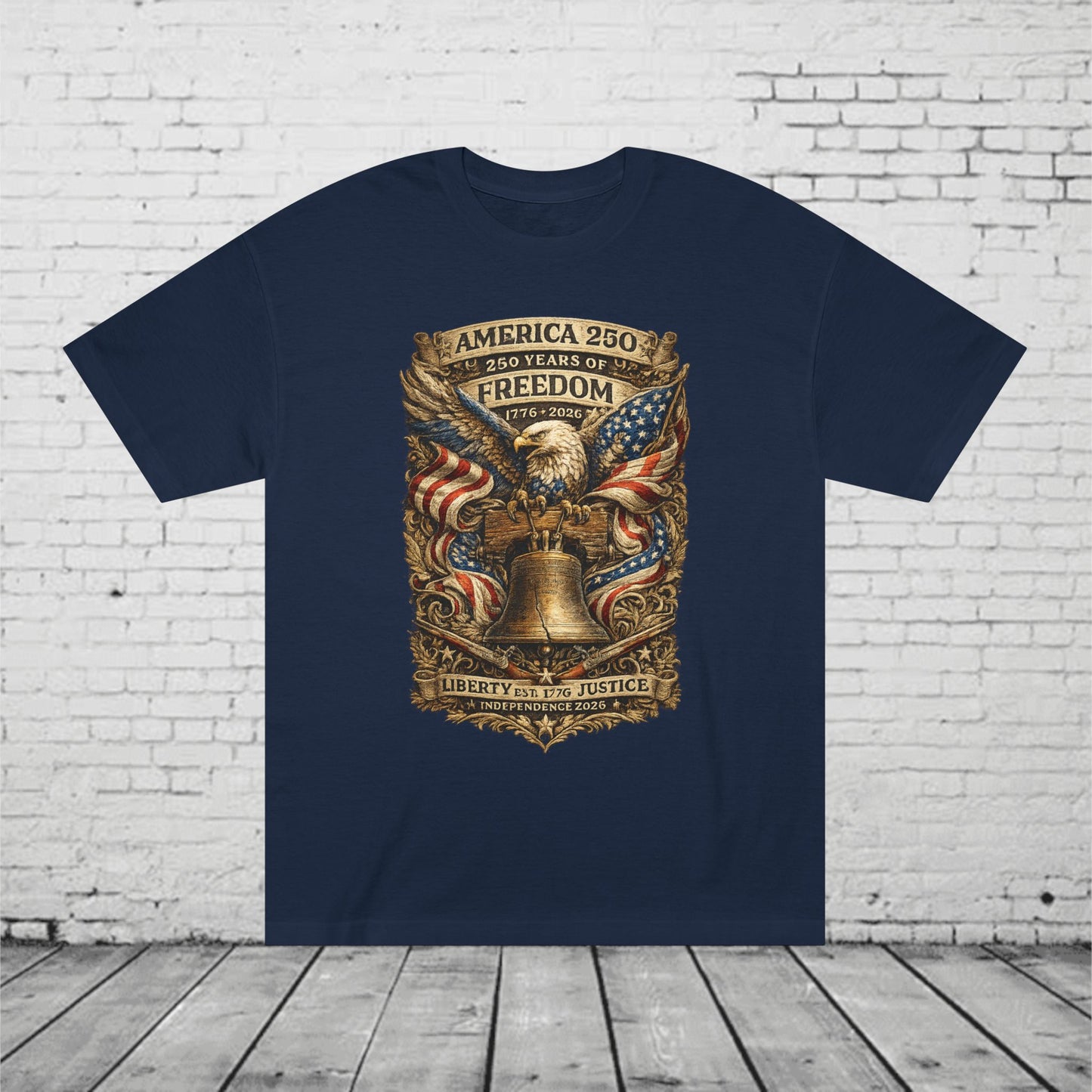 America 250 Liberty & Justice Patriotic T-Shirt | 250 Years of Freedom Eagle & Liberty Bell Graphic Tee | Independence Day 2026 Unisex Shirt