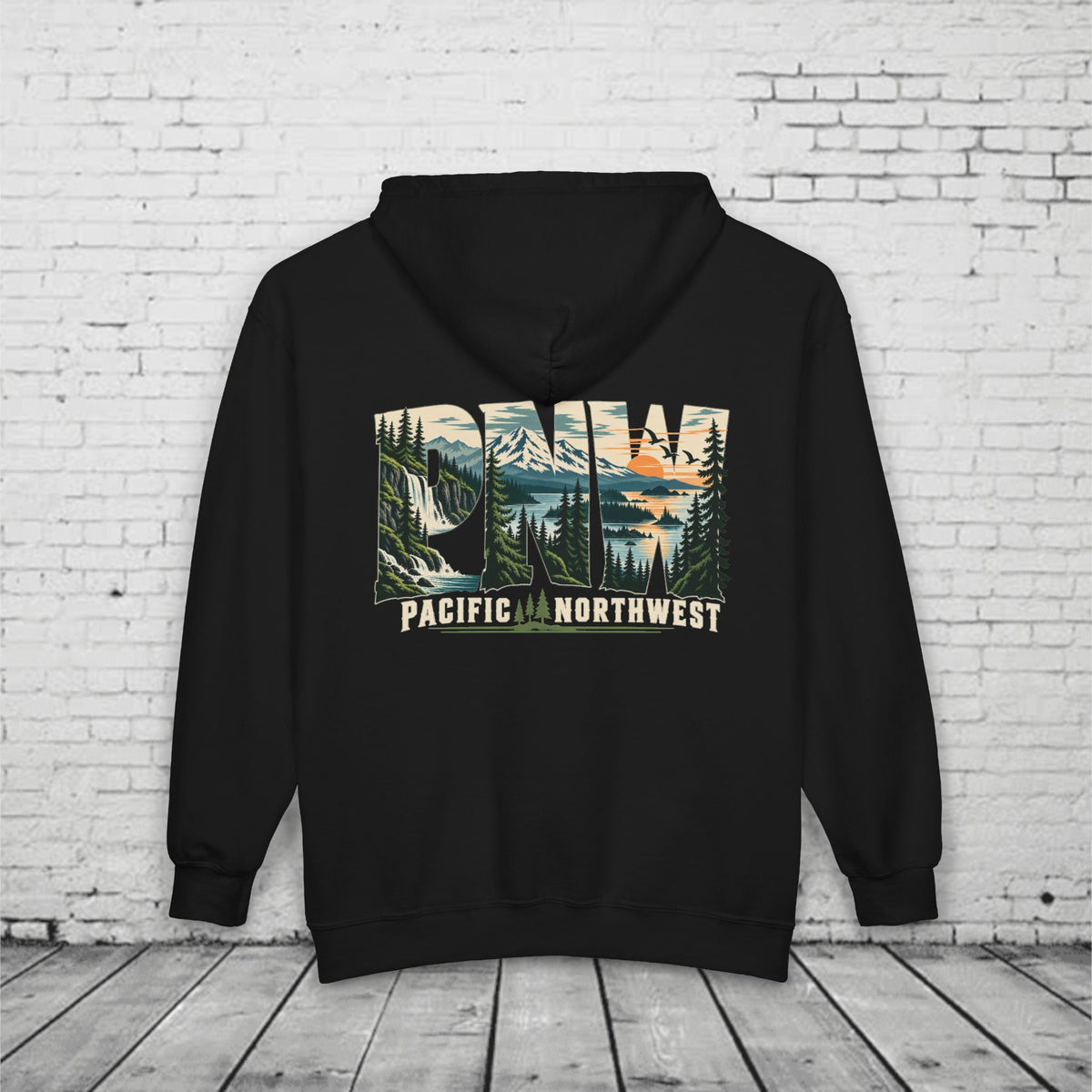 PNW Pacific Northwest Scenic Full-Zip Hoodie – Mountain Forest Waterfall Back Graphic