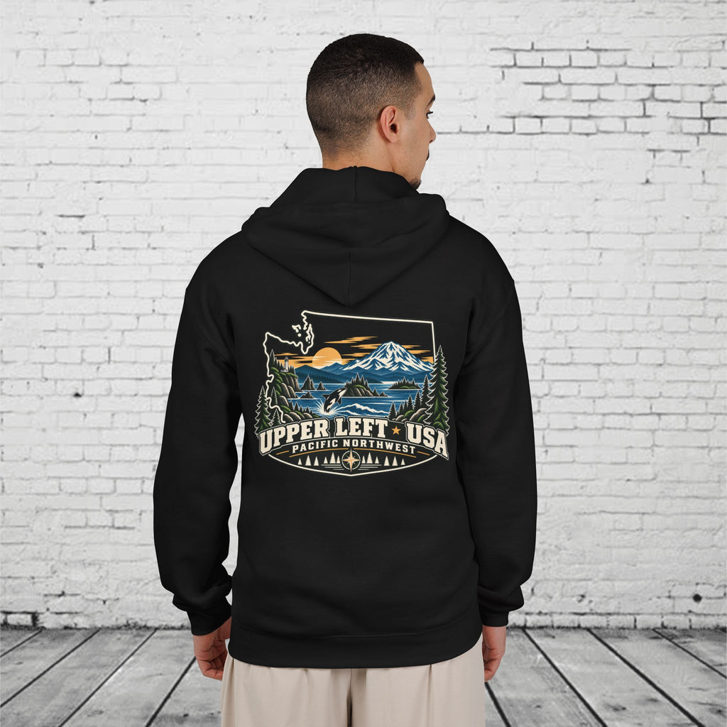 Upper Left USA Full-Zip Hoodie – Pacific Northwest Orca & Mountain Back Graphic