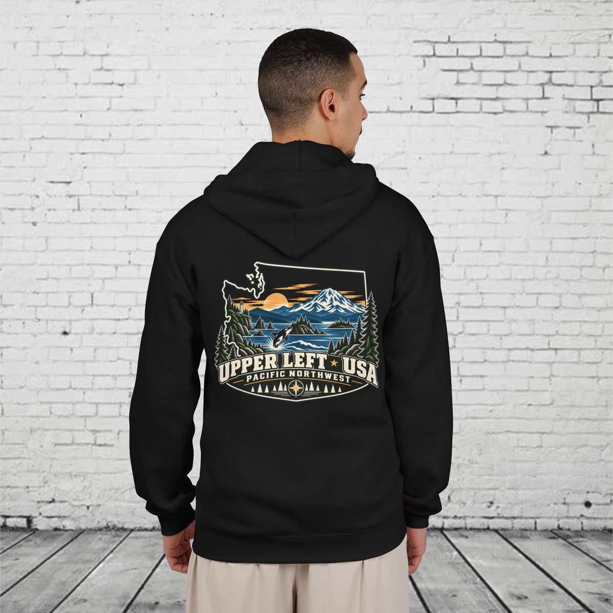 Upper Left USA Full-Zip Hoodie – Pacific Northwest Orca & Mountain Back Graphic