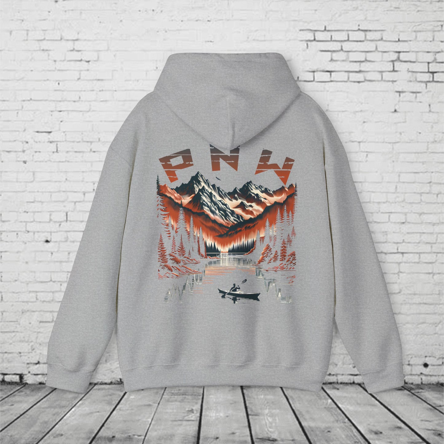 PNW Adventure Hoodie – Kayak & Mountain Wilderness Graphic, Pacific Northwest Unisex Sweatshirt