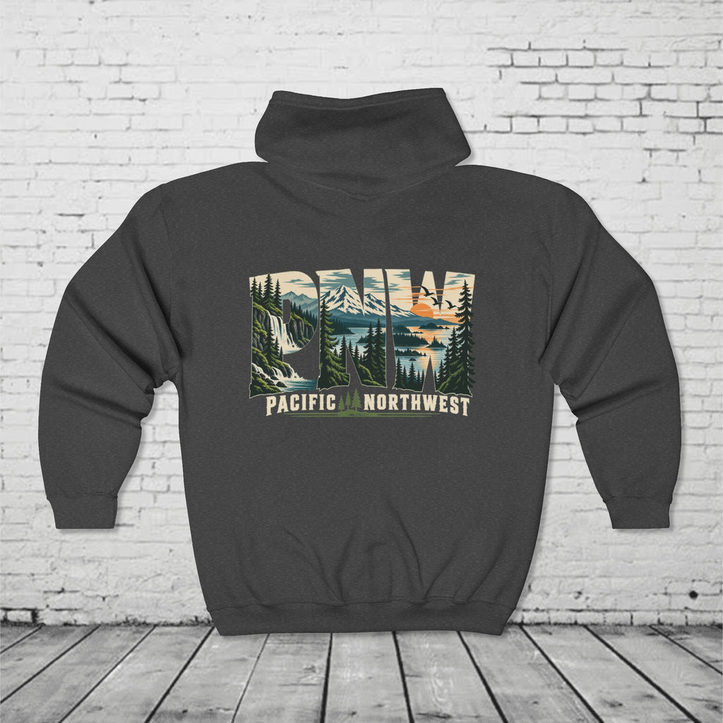 PNW Pacific Northwest Scenic Full-Zip Hoodie – Mountain Forest Waterfall Back Graphic