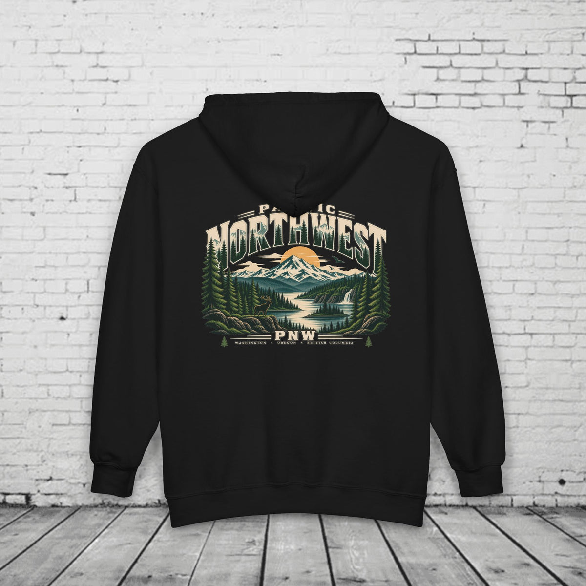 Pacific Northwest Wilderness Full-Zip Hoodie – PNW Mountain Elk Forest Back Graphic