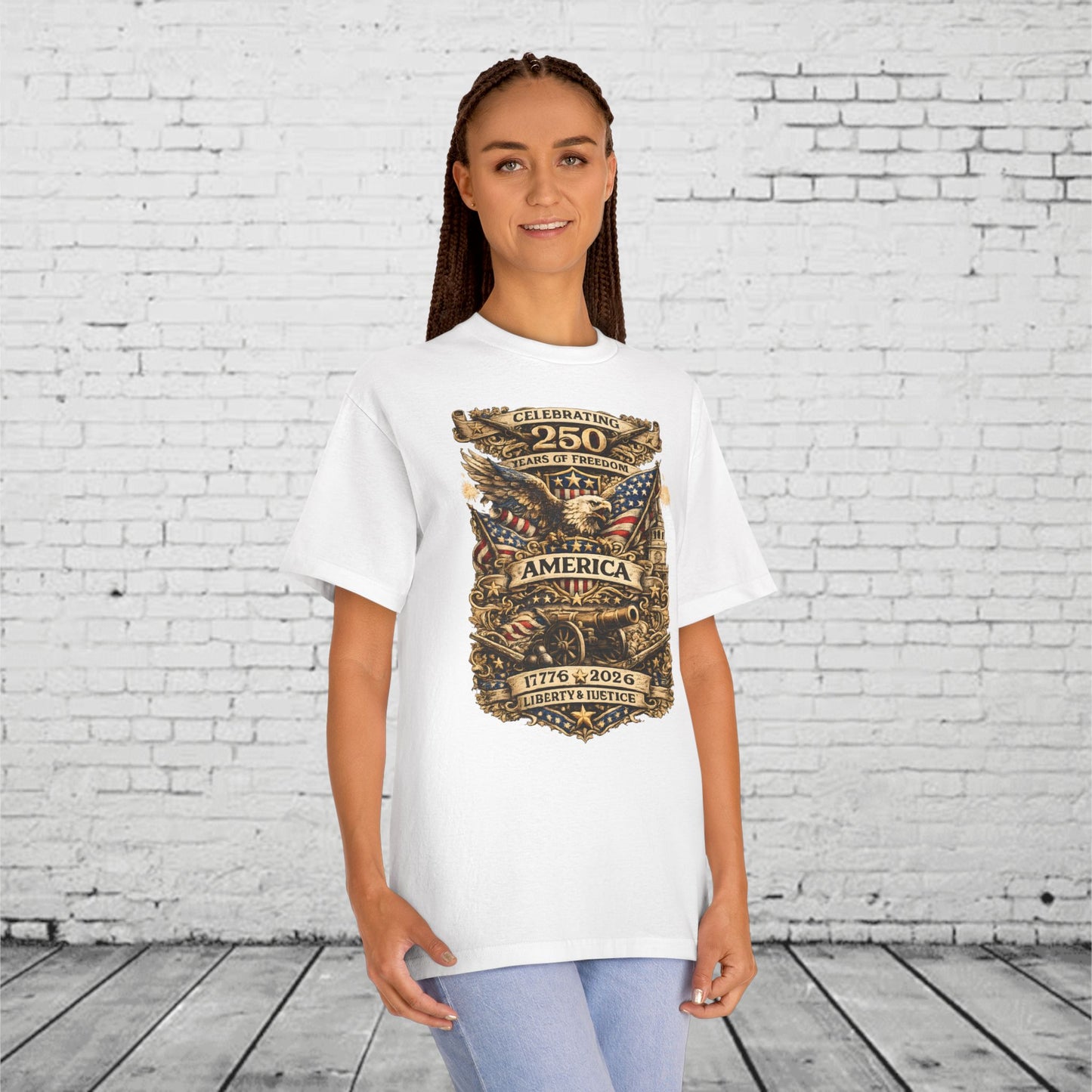 America 250 Years of Freedom Patriotic T-Shirt | 1776–2026 Semiquincentennial Eagle, Flag & Cannon Tee | Liberty & Justice Unisex Shirt