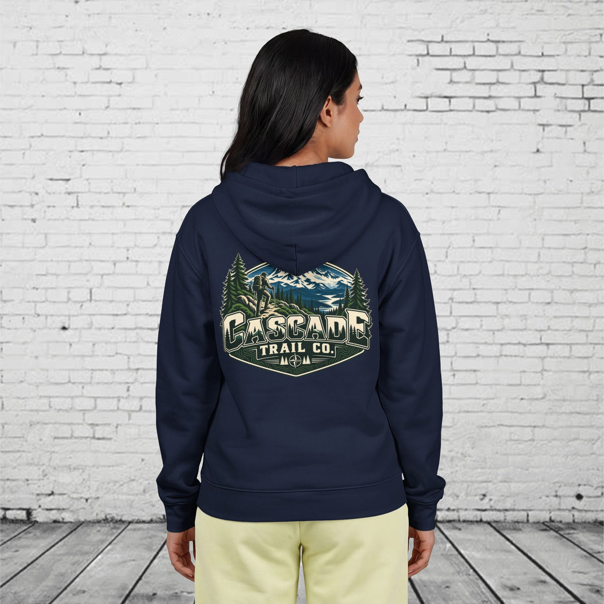 Cascade Trail Co. Full-Zip Hoodie – PNW Mountain Hiker Outdoor Back Graphic