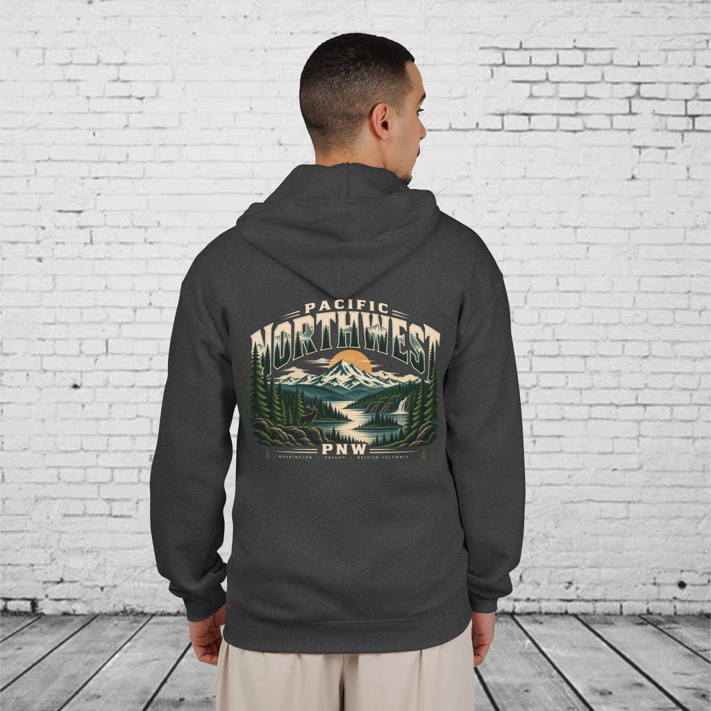 Pacific Northwest Wilderness Full-Zip Hoodie – PNW Mountain Elk Forest Back Graphic