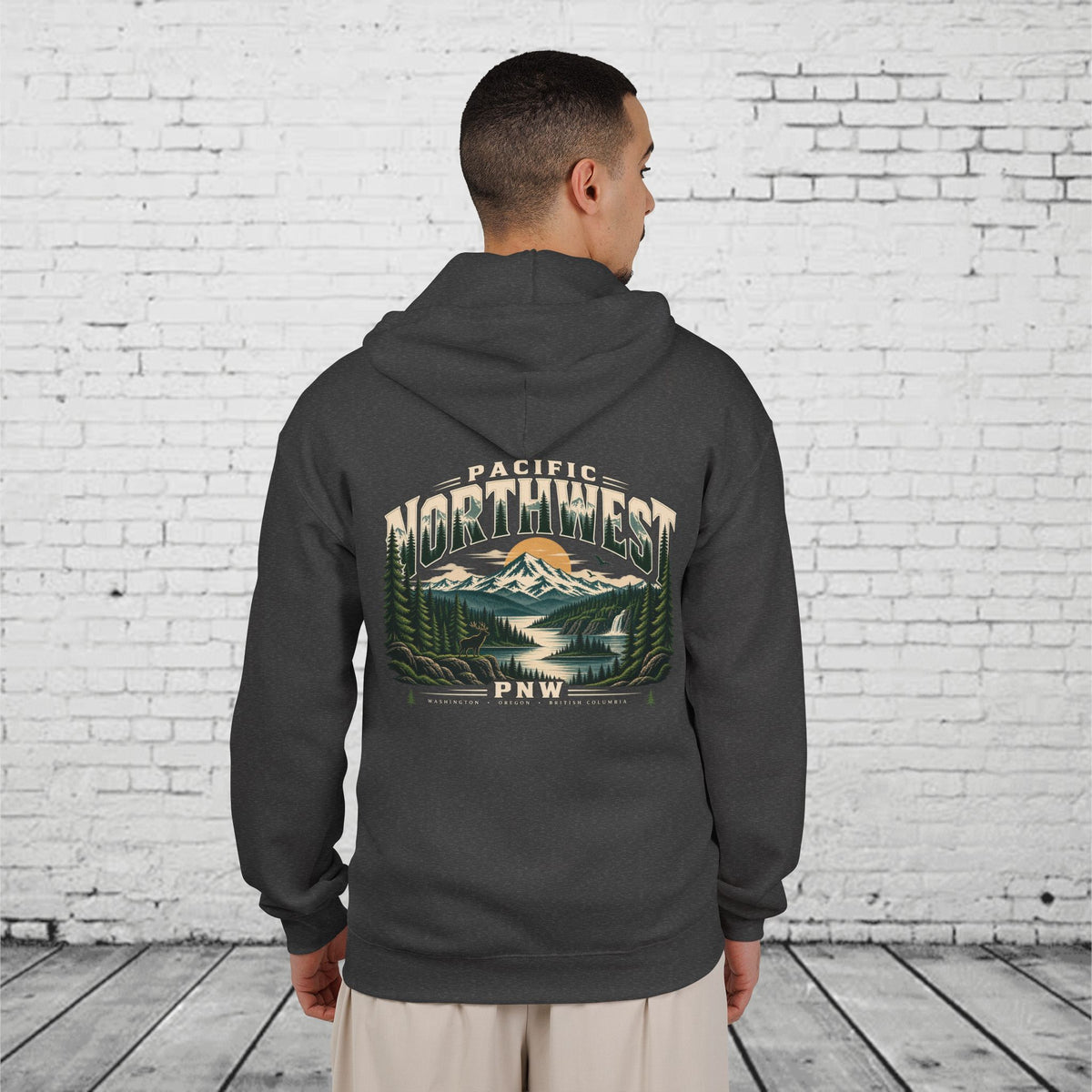 Pacific Northwest Wilderness Full-Zip Hoodie – PNW Mountain Elk Forest Back Graphic