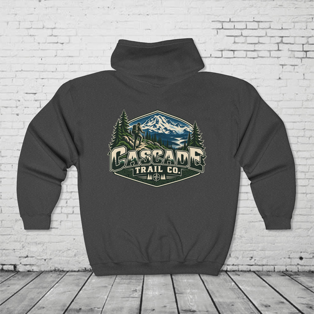 Cascade Trail Co. Full-Zip Hoodie – PNW Mountain Hiker Outdoor Back Graphic