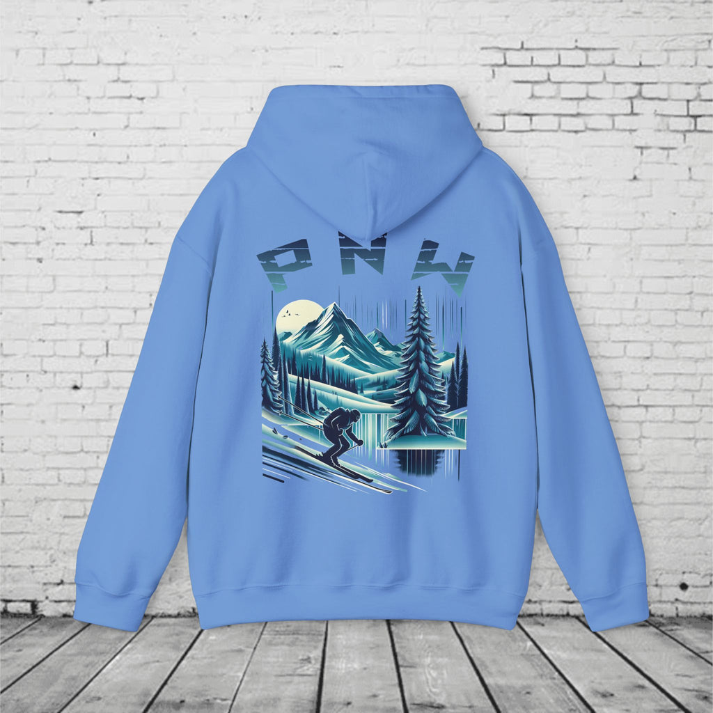 PNW Ski Hoodie – Retro Pacific Northwest Mountain Skiing Hoodie | Unisex Heavy Blend Winter Sweatshirt