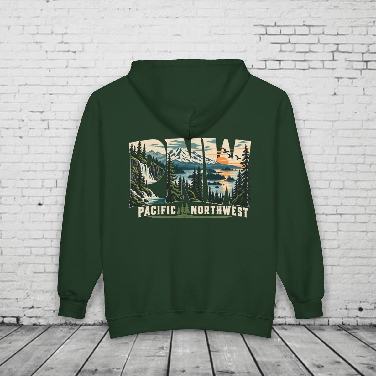 PNW Pacific Northwest Scenic Full-Zip Hoodie – Mountain Forest Waterfall Back Graphic