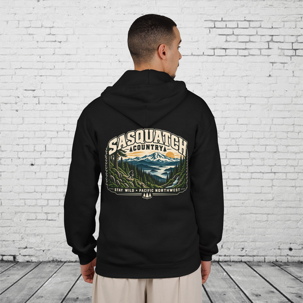 Sasquatch Country Full-Zip Hoodie – Stay Wild Pacific Northwest Bigfoot Back Graphic