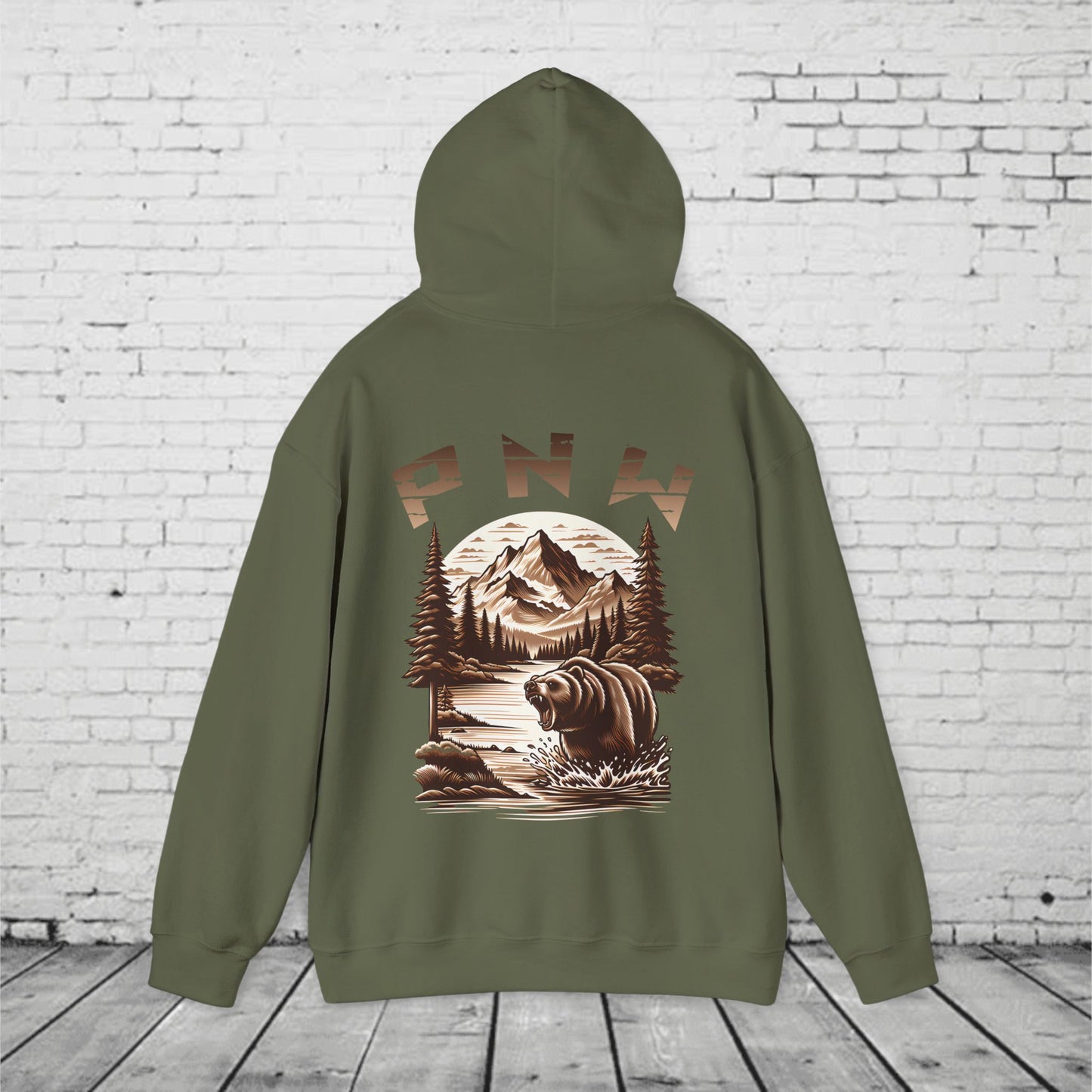 PNW Bear Hoodie – Pacific Northwest Mountain Wilderness Sweatshirt, Unisex Heavy Blend
