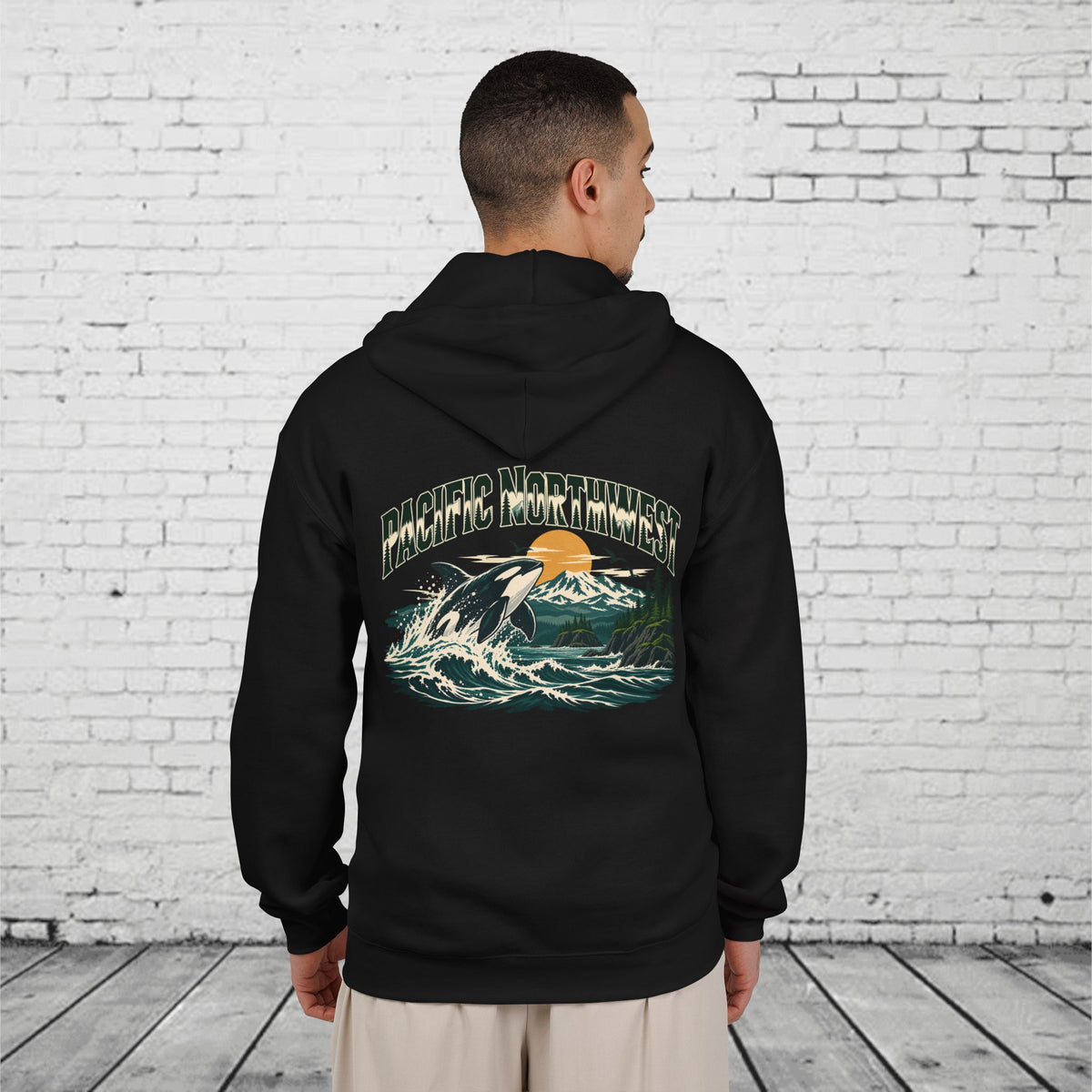 Pacific Northwest Orca Full-Zip Hoodie – PNW Mountain & Ocean Back Graphic