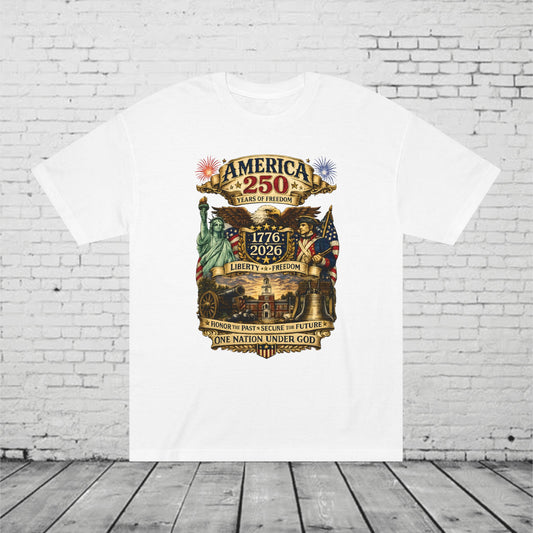 America 250 Patriotic T-Shirt | 1776–2026 Eagle, Revolutionary Soldier & Statue of Liberty Tee | One Nation Under God Semiquincentennial Unisex Shirt