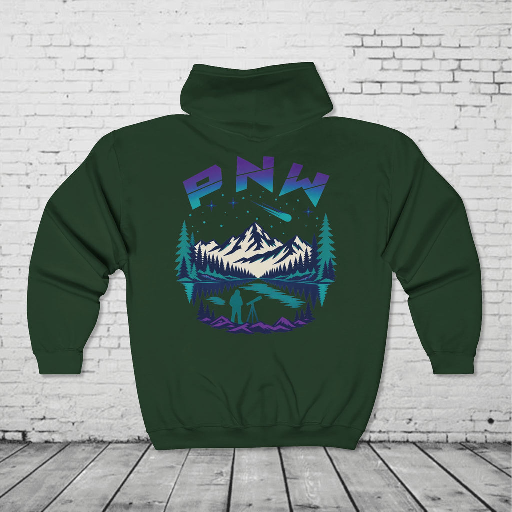 PNW Stargazer Full-Zip Hoodie – Pacific Northwest Mountain Night Sky Adventure Sweatshirt