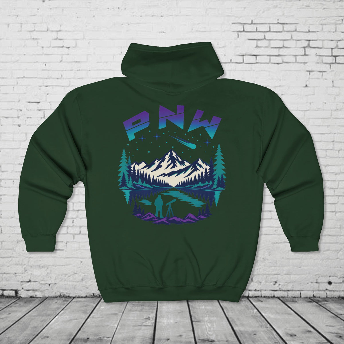 PNW Stargazer Full-Zip Hoodie – Pacific Northwest Mountain Night Sky Adventure Sweatshirt