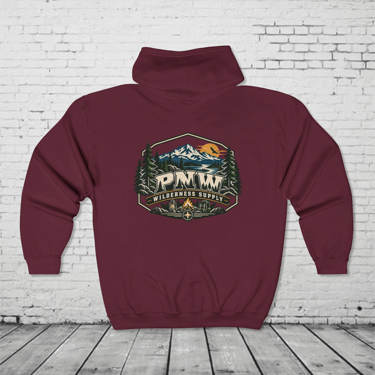 PNW Wilderness Supply Full-Zip Hoodie – Pacific Northwest Outdoor Adventure Back Graphic