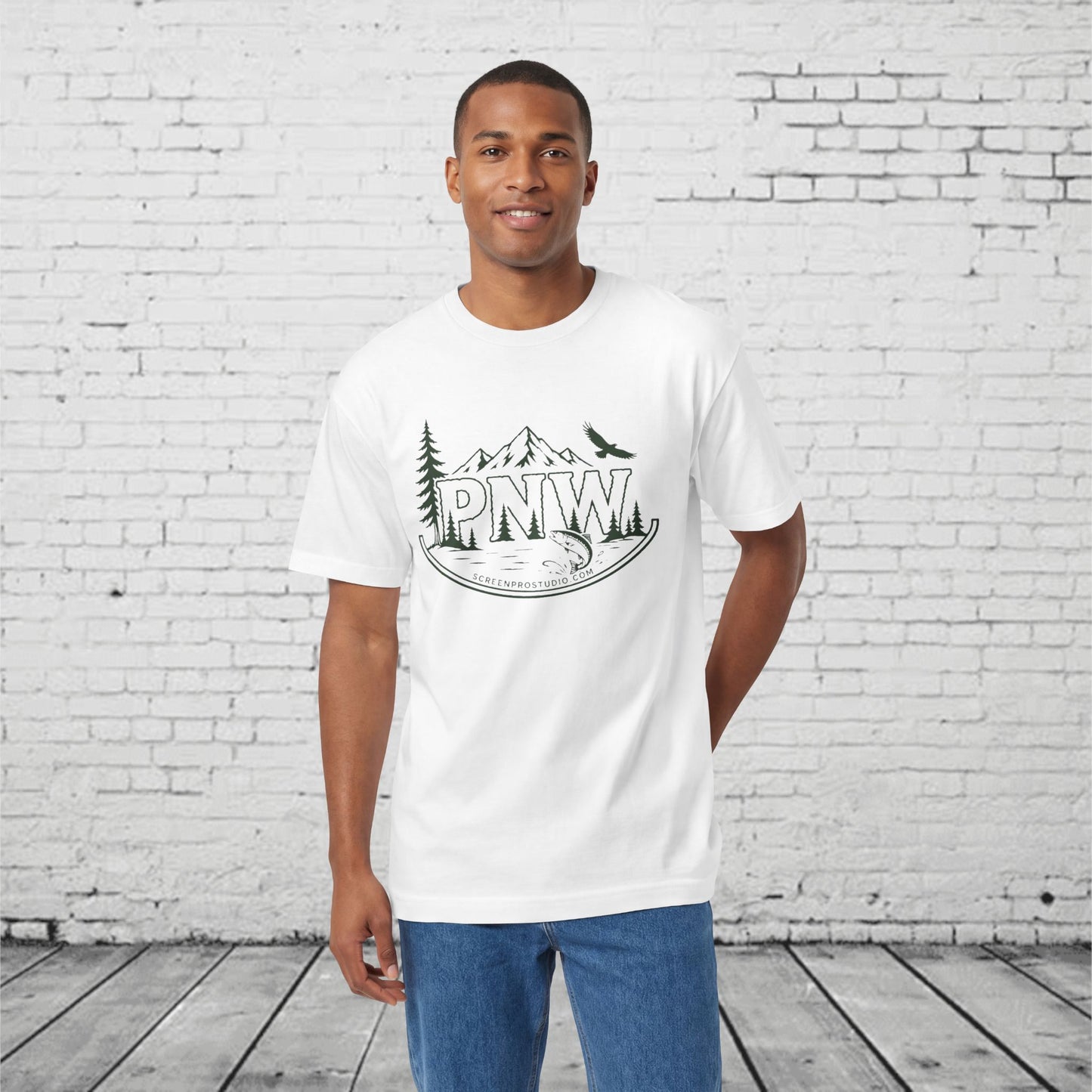 PNW Forest Badge T-Shirt | Pacific Northwest Mountain, Pine Tree & Salmon Graphic Tee