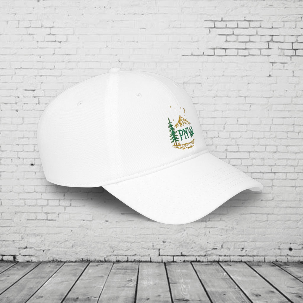 PNW Mountain & Pine Tree Baseball Cap | Pacific Northwest Outdoor Adventure Hat with Hidden Sasquatch