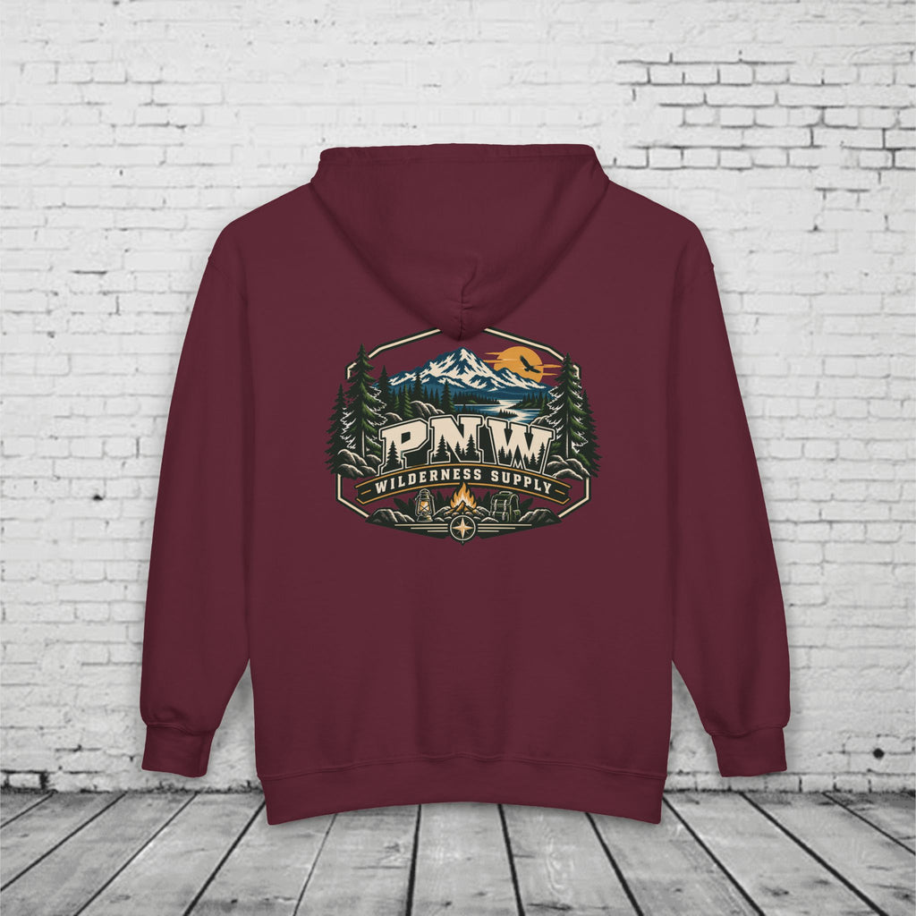 PNW Wilderness Supply Full-Zip Hoodie – Pacific Northwest Outdoor Adventure Back Graphic