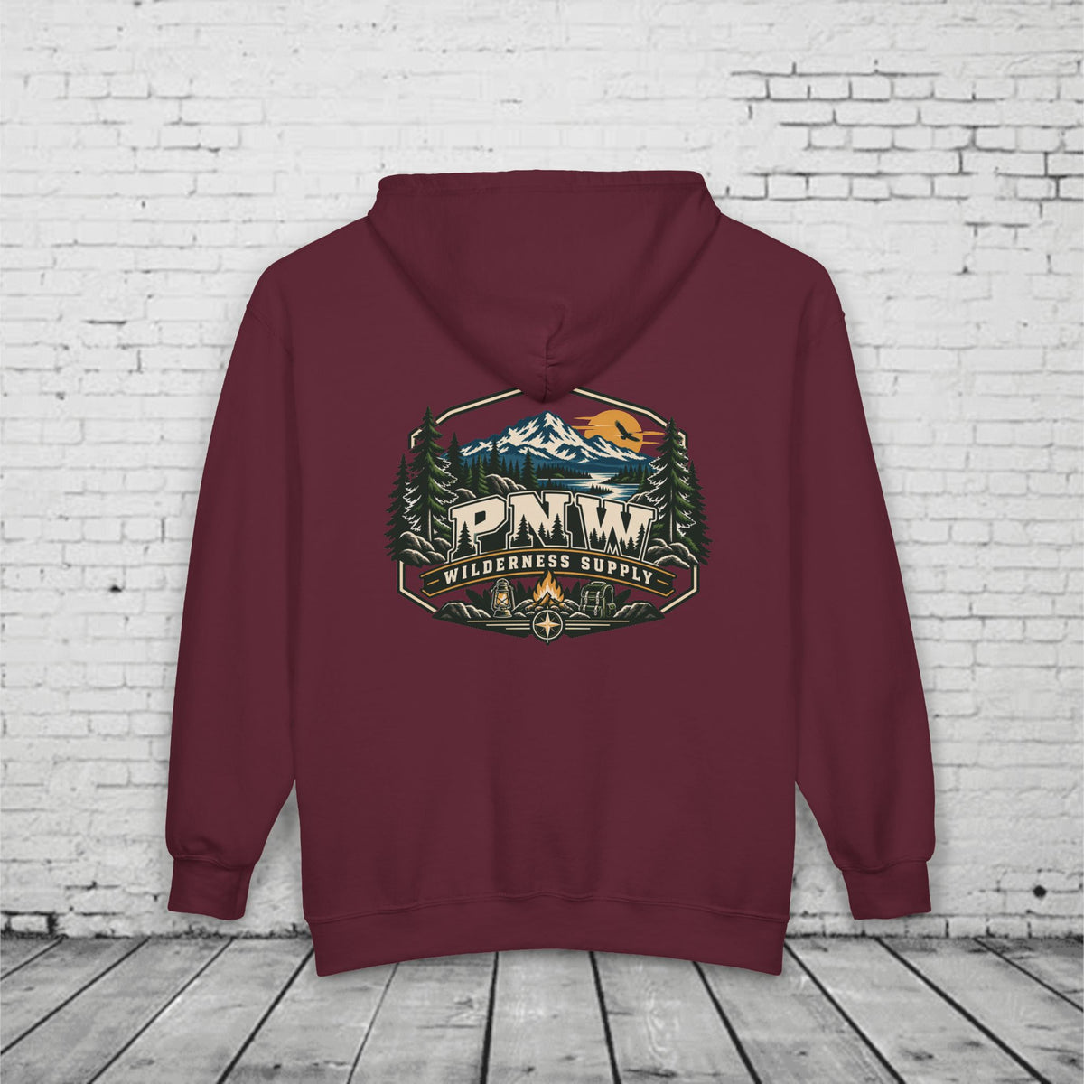 PNW Wilderness Supply Full-Zip Hoodie – Pacific Northwest Outdoor Adventure Back Graphic