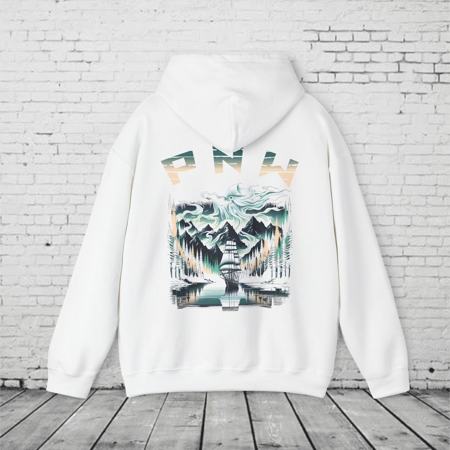 Pacific Northwest Hoodie – PNW Foggy Forest Sailing Ship Sweatshirt, Mystic Adventure Hoodie, Unisex Heavy Blend Pullover