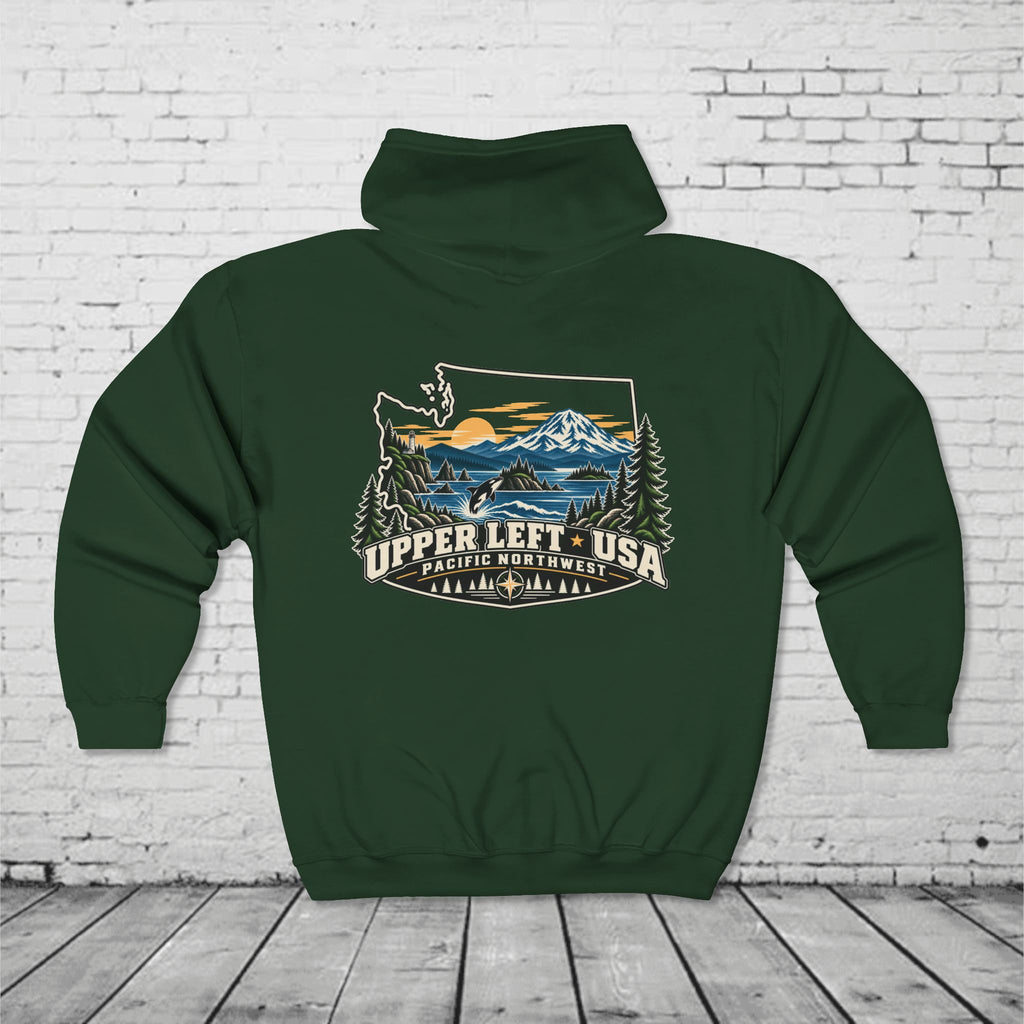Upper Left USA Full-Zip Hoodie – Pacific Northwest Orca & Mountain Back Graphic
