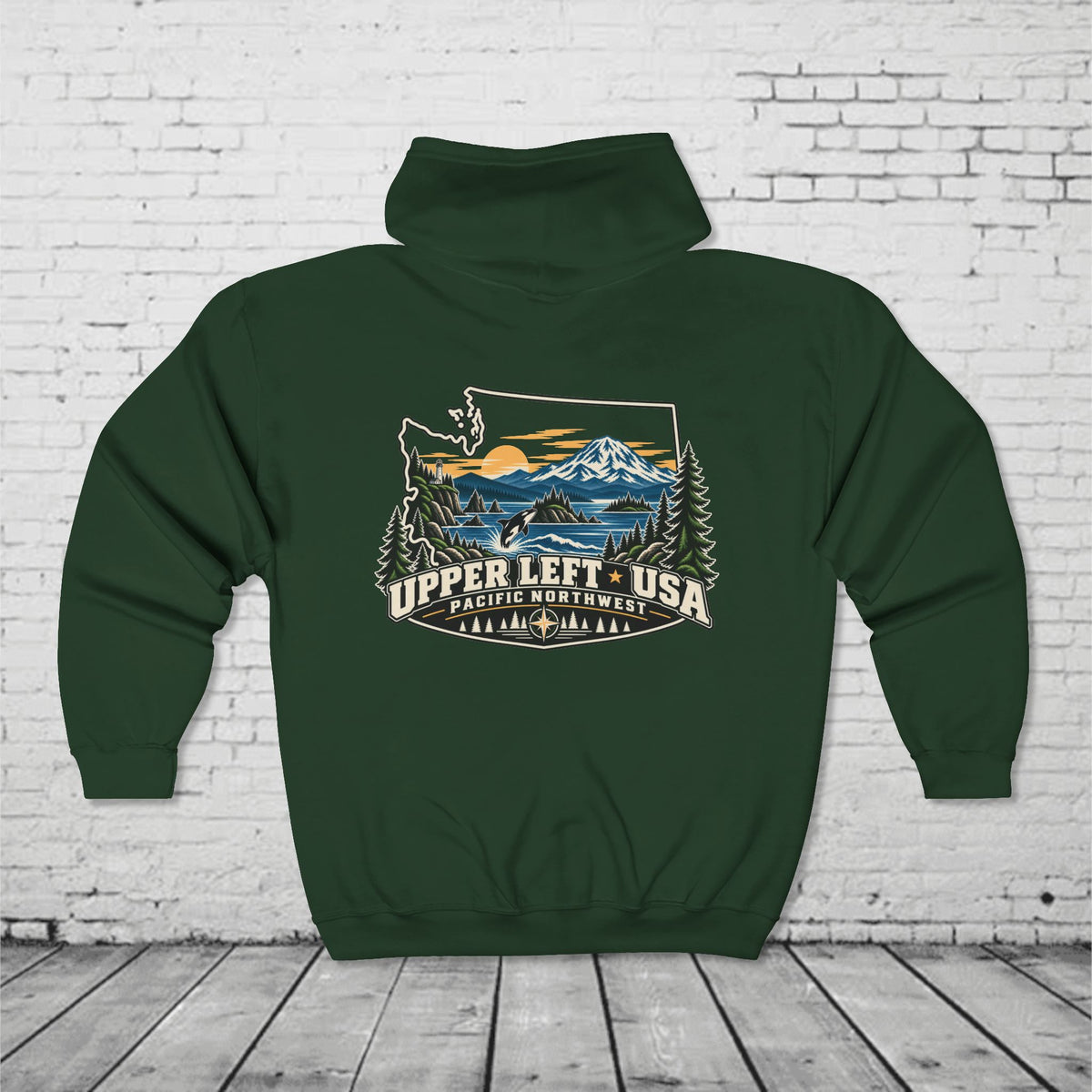 Upper Left USA Full-Zip Hoodie – Pacific Northwest Orca & Mountain Back Graphic