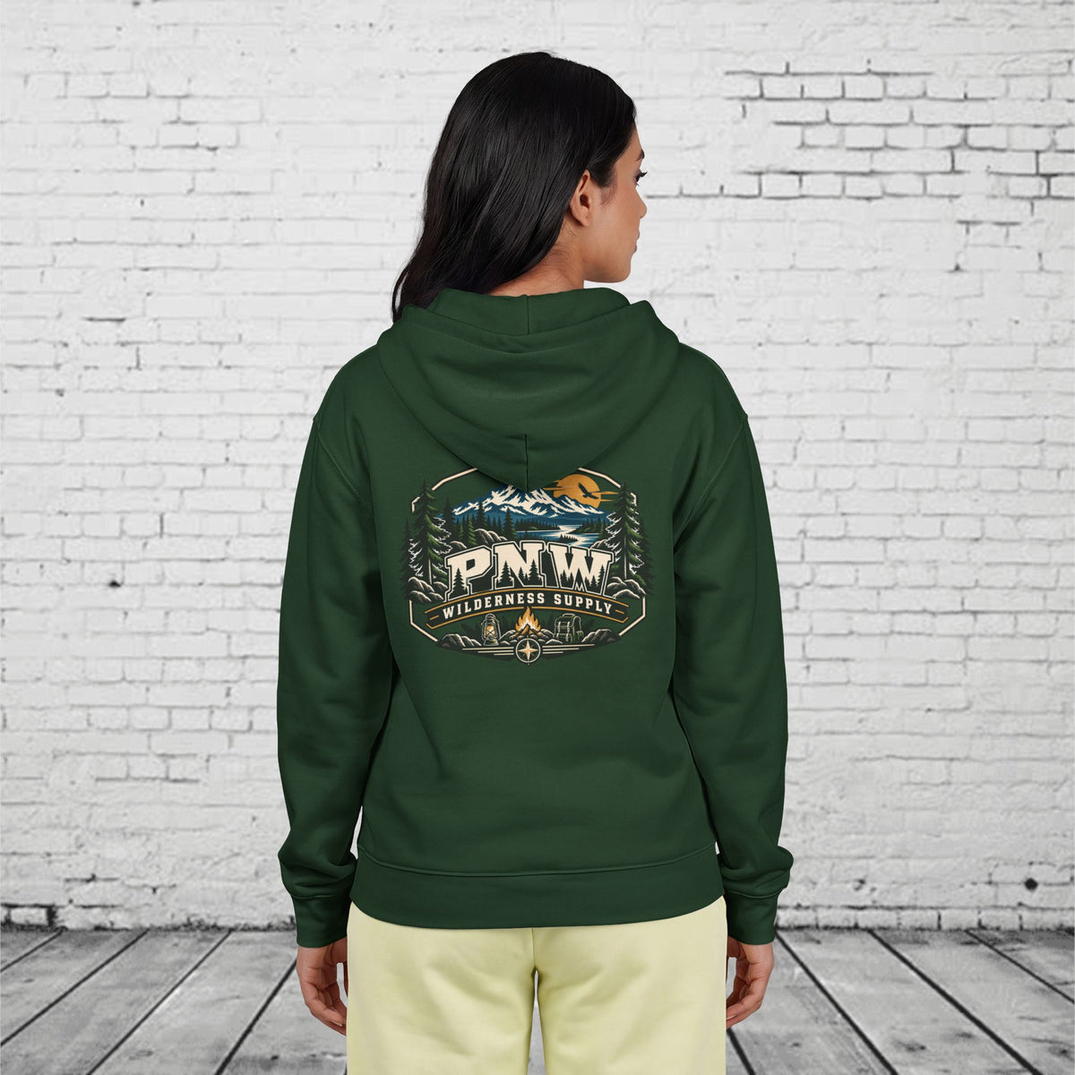 PNW Wilderness Supply Full-Zip Hoodie – Pacific Northwest Outdoor Adventure Back Graphic