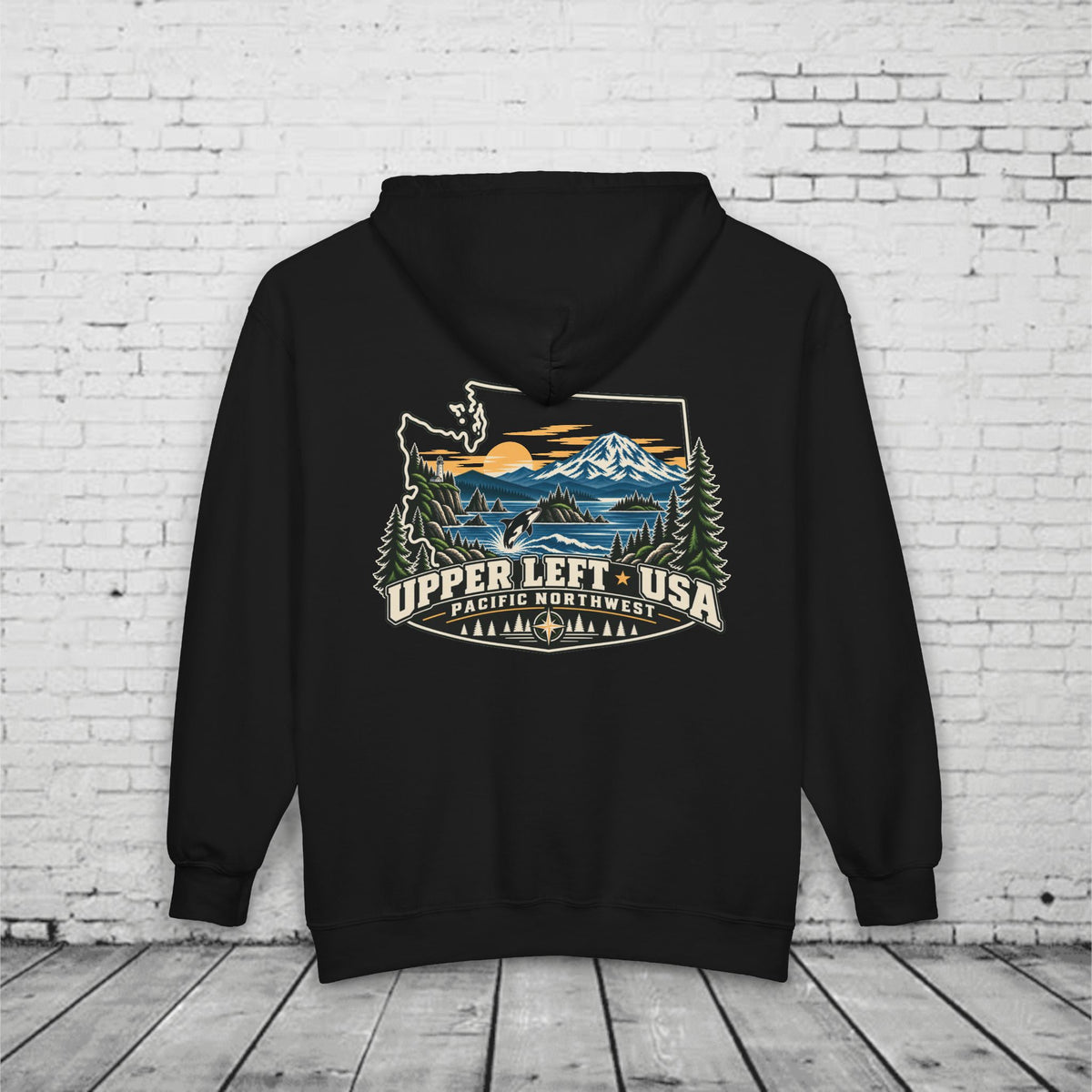 Upper Left USA Full-Zip Hoodie – Pacific Northwest Orca & Mountain Back Graphic