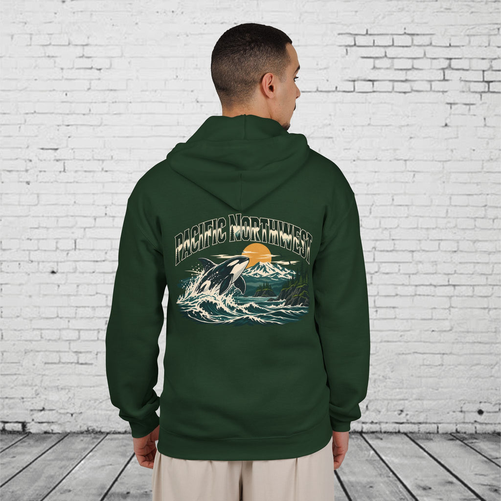 Pacific Northwest Orca Full-Zip Hoodie – PNW Mountain & Ocean Back Graphic