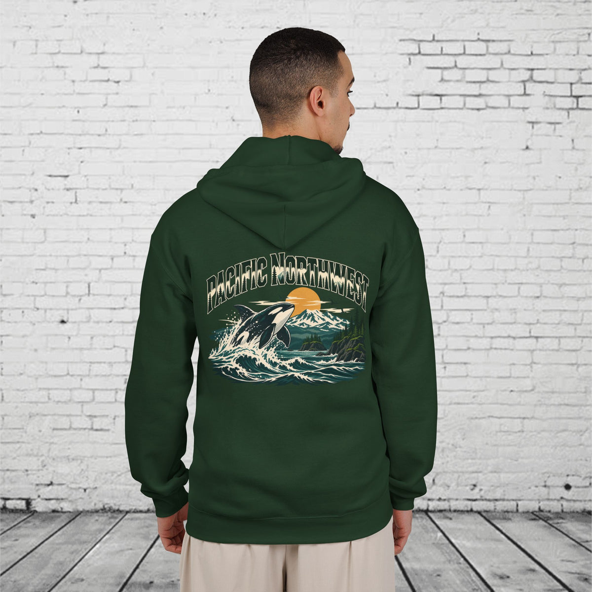 Pacific Northwest Orca Full-Zip Hoodie – PNW Mountain & Ocean Back Graphic