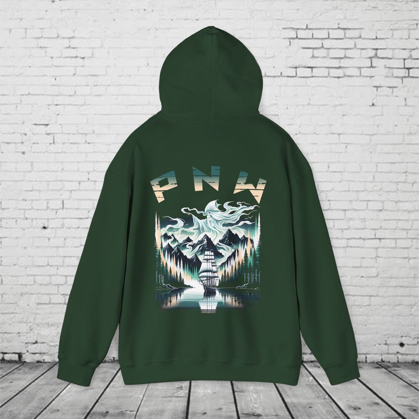 Pacific Northwest Hoodie – PNW Foggy Forest Sailing Ship Sweatshirt, Mystic Adventure Hoodie, Unisex Heavy Blend Pullover