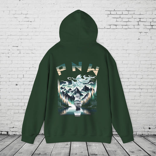Pacific Northwest Hoodie – PNW Foggy Forest Sailing Ship Sweatshirt, Mystic Adventure Hoodie, Unisex Heavy Blend Pullover