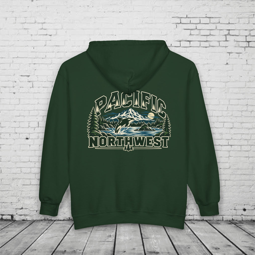 Wild Pacific Orca Full-Zip Hoodie – Pacific Northwest Mountain & Ocean Back Graphic