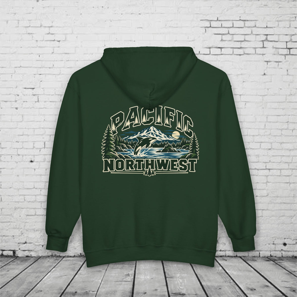 Wild Pacific Orca Full-Zip Hoodie – Pacific Northwest Mountain & Ocean Back Graphic