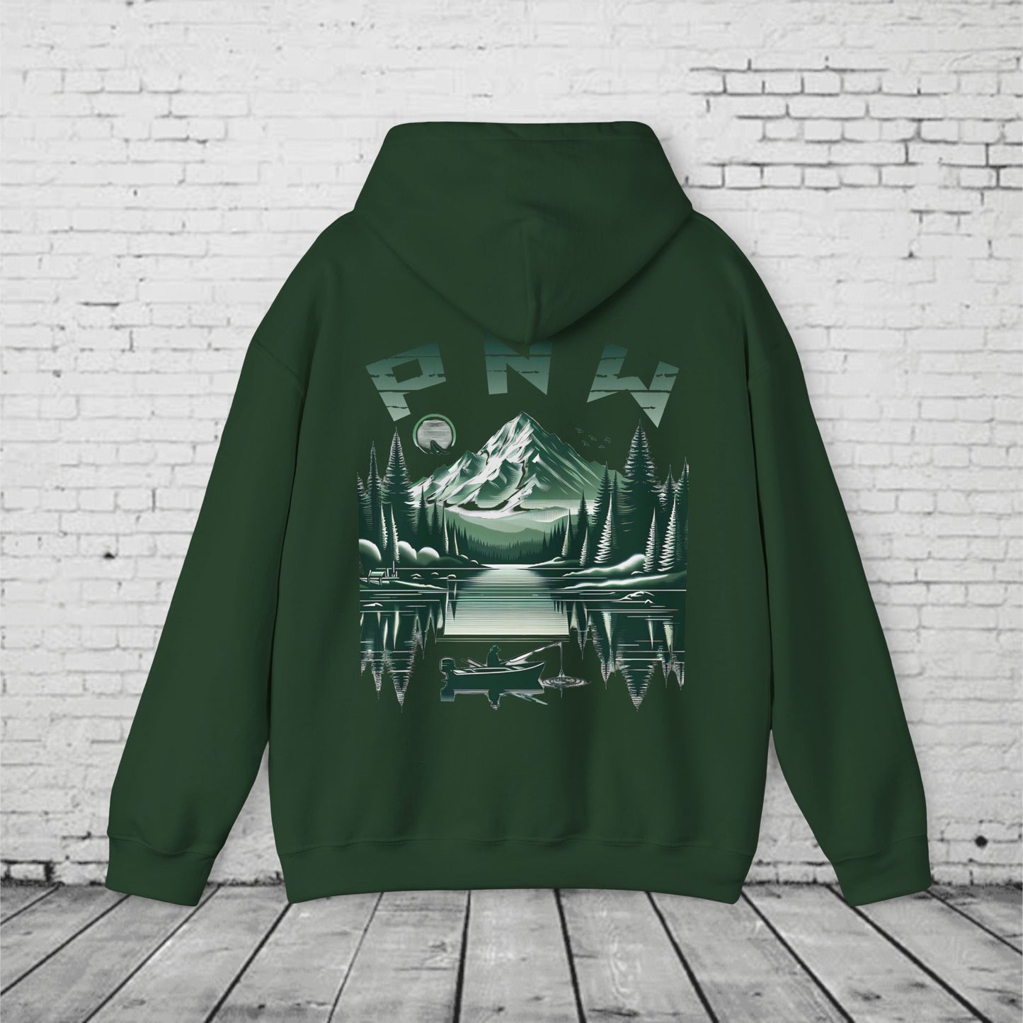 PNW Fishing Hoodie – Scenic Mountain & Lake Graphic | Pacific Northwest Adventure Sweatshirt